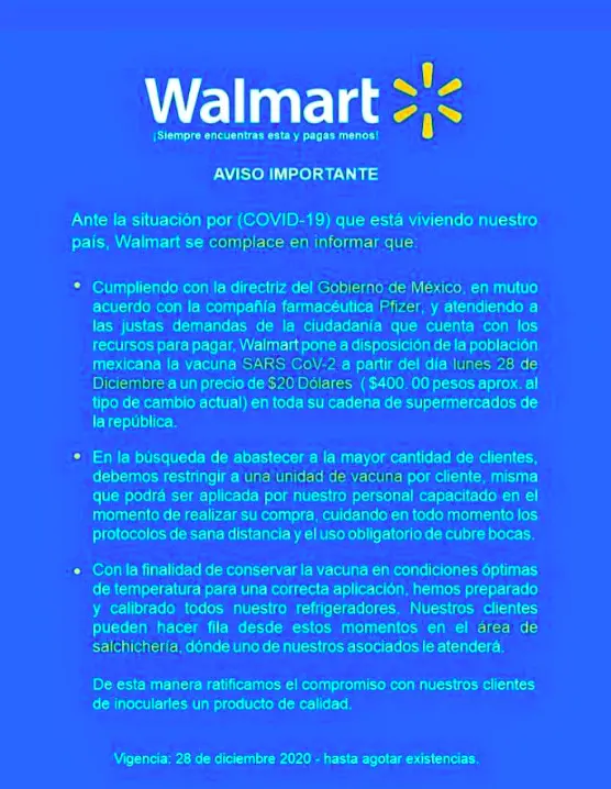 Difunden falso comunicado de Walmart sobre vacuna Covid