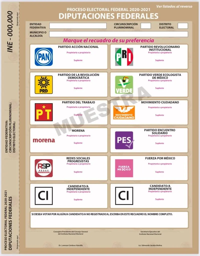 Muestra de la boleta electoral (@INEMéxico)