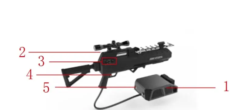 Estructura del UAV-D04JAI 1) Batería 2) Indicador de radio frecuencia 3) Estatus de la batería 4) Disparador de radio frecuencia 5) Botón de encendido y apagado.