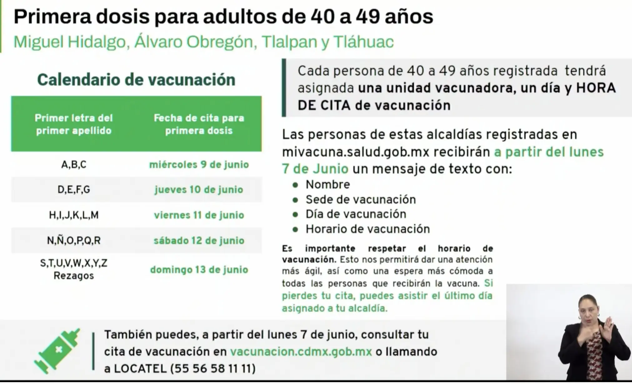 Calendario vacunación Miguel Hidalgo, Álvaro Obregón, Tláhuac y Tlalpan