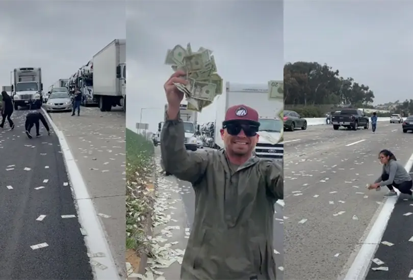 Camioneta de valores deja caer por error billetes y desata caos 