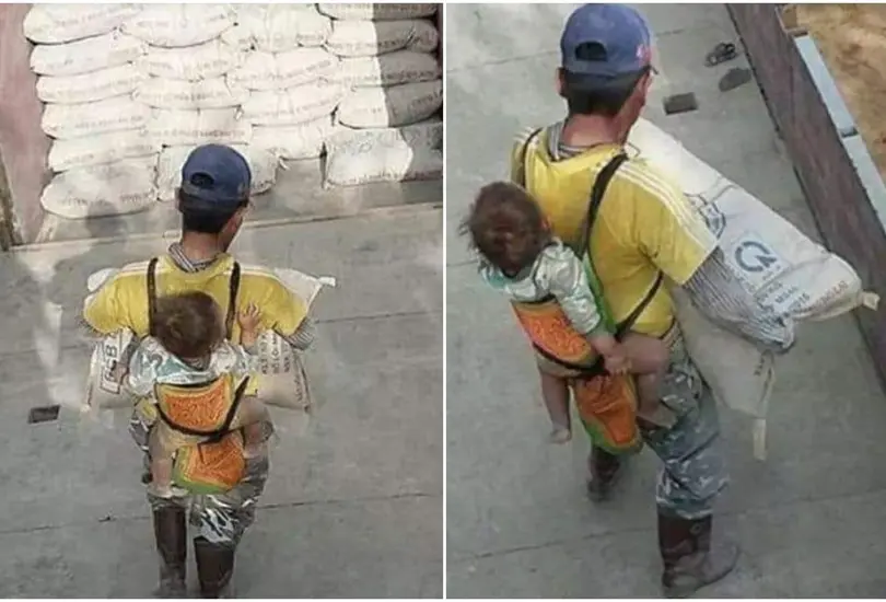 Captan a alba&ntilde;il trabajando mientras carga a su hijo en la espalda
