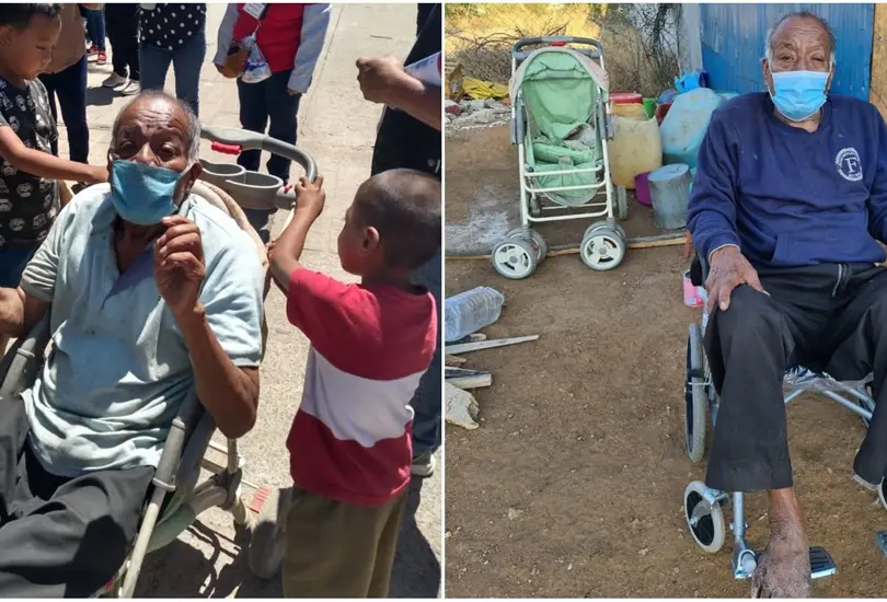 Ni&ntilde;os llevan a su abuelito en una carriola a vacunar contra el COVID-19