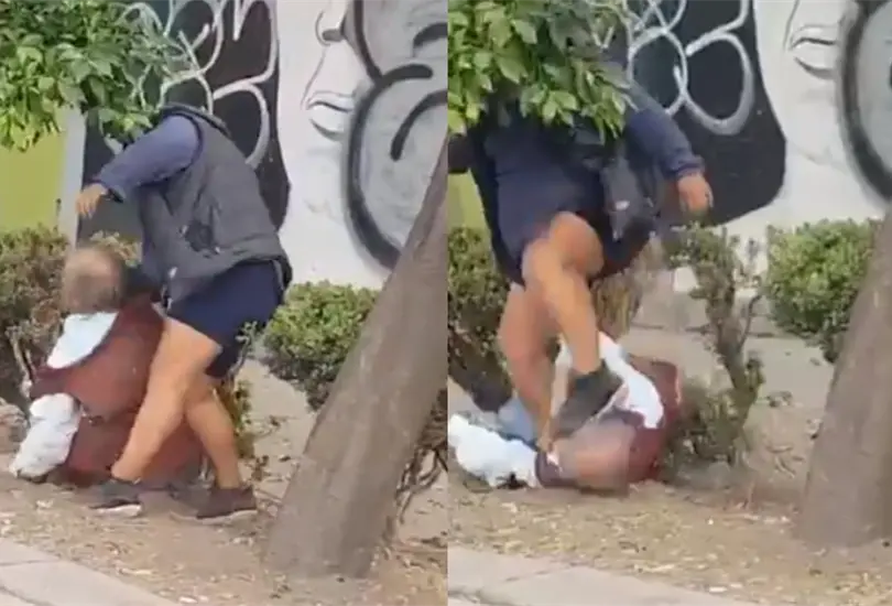 Mujer golpea y patea a un abuelito mientras este se hallaba en el suelo Mujer golpea y patea a un abuelito mientras este se hallaba en el suelo