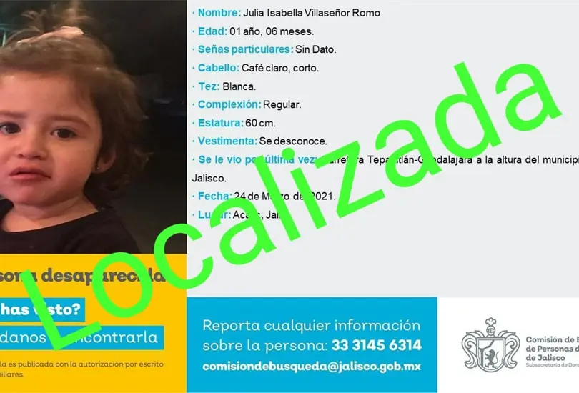 Encuentran con vida a bebé que desapareció con su familia en Jalisco Encuentran con vida a bebé que desapareció con su familia en Jalisco