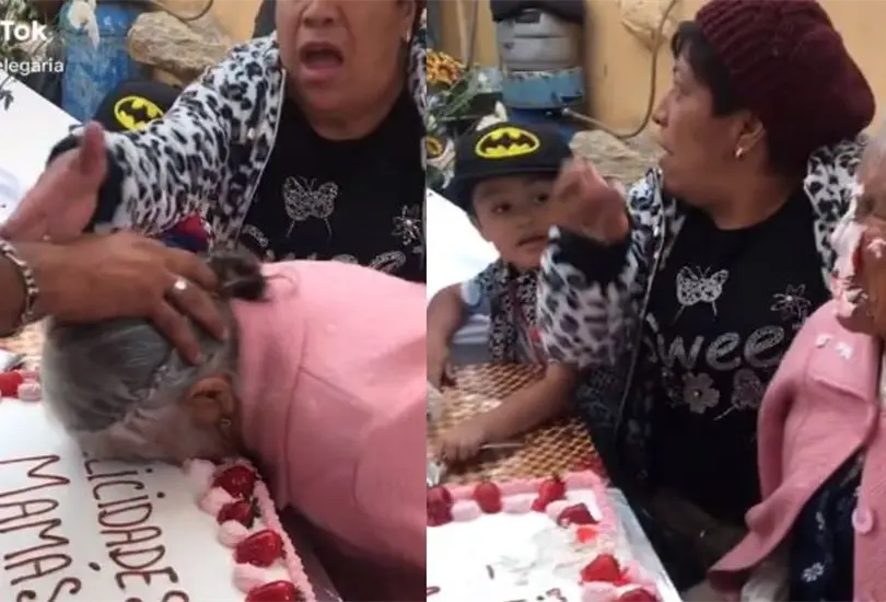 Causa indignaci&oacute;n video de abuelita a la que empujan contra su pastel