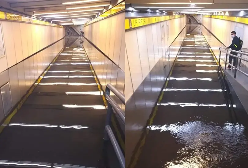 Usuarios se quedan atrapados por inundaci&oacute;n en el Metro La Raza