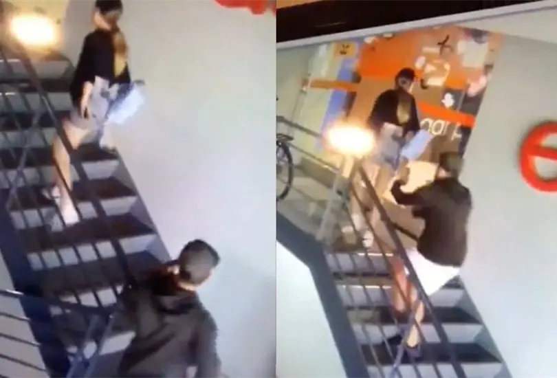 Una c&aacute;mara de seguridad capt&oacute; el momento exacto en el que un sujeto roci&oacute; con un spray a una joven mientras sub&iacute;a por las escaleras, la familia de la v&iacute;ctima asegura que quer&iacute;an secuestrarla