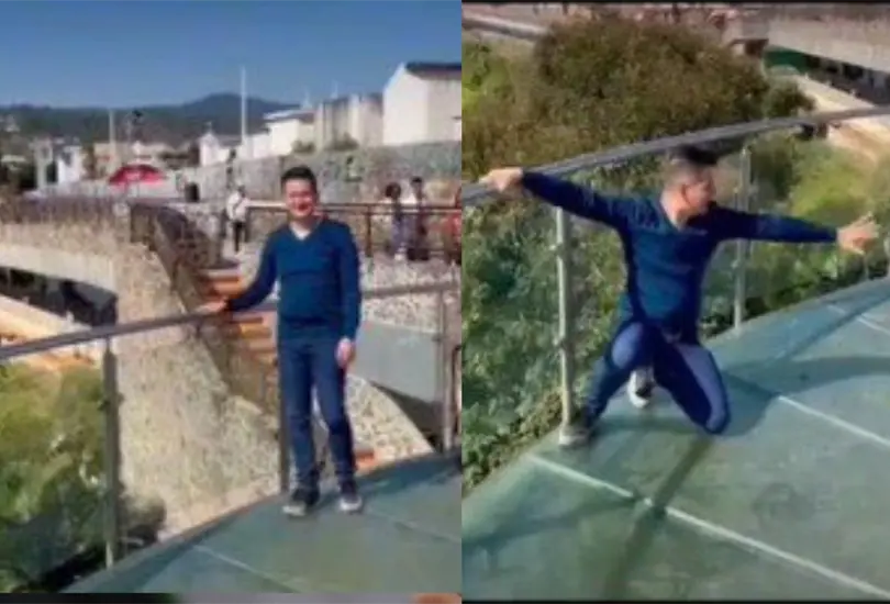 El creador de contenido cruzaba por el puenbe Cristal Mirador de la Barranca para apreciar los bosques de la Sierra Norte de Puebla