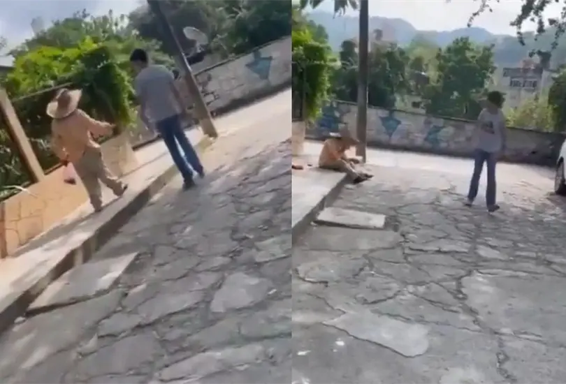 El joven comenzó a golpear al abuelito sin razón aparente El joven comenzó a golpear al abuelito sin razón aparente