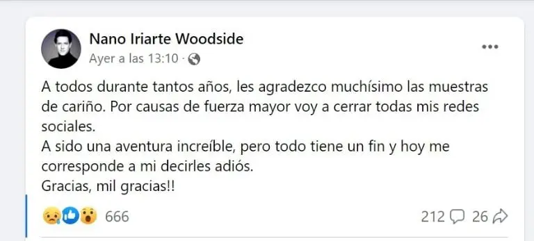 Mensaje de despedida de Alejandro Iriarte (Facebook)