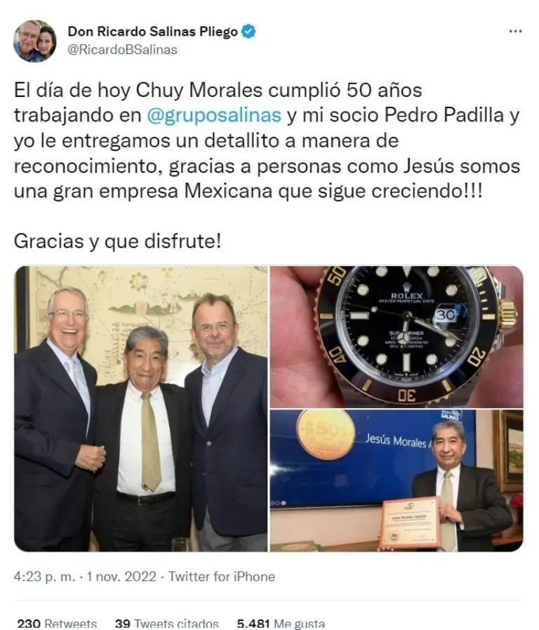 Salinas Pliego regala un Rolex a un empleado (Twitter)