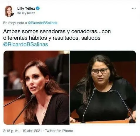 En abril de 2021 compartió una imagen y un mensaje dirigido a Ricardo Salinas Pliego donde denostaba a la senadora Citlalli Hernández por su imagen física:  “Ambas somos senadoras y cenadoras... con diferentes hábitos y resultados”. El mensaje fue criticado y considerado como discriminatorio y promotor de la violencia violencia contra las mujeres.