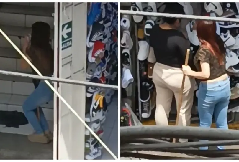 Vendedora agranda tenis con un palo de escoba 