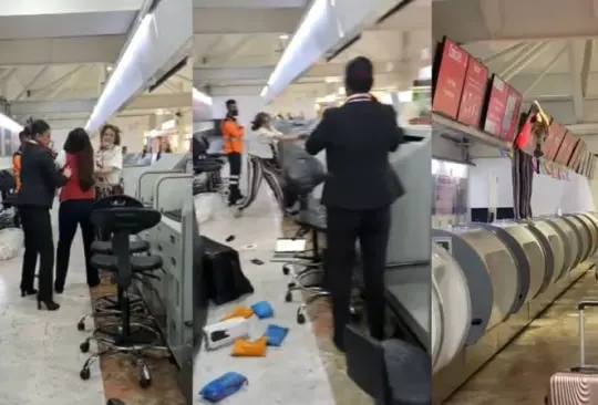 La mujer fue captada lanzando objetos y equipaje en el área de documentación de una aerolínea Créditos: Captura de pantalla La mujer fue captada lanzando objetos y equipaje en el área de documentación de una aerolínea Créditos: Captura de pantalla