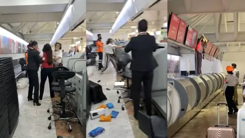 La mujer fue captada lanzando objetos y equipaje en el &aacute;rea de documentaci&oacute;n de una aerol&iacute;nea Cr&eacute;ditos: Captura de pantalla 
