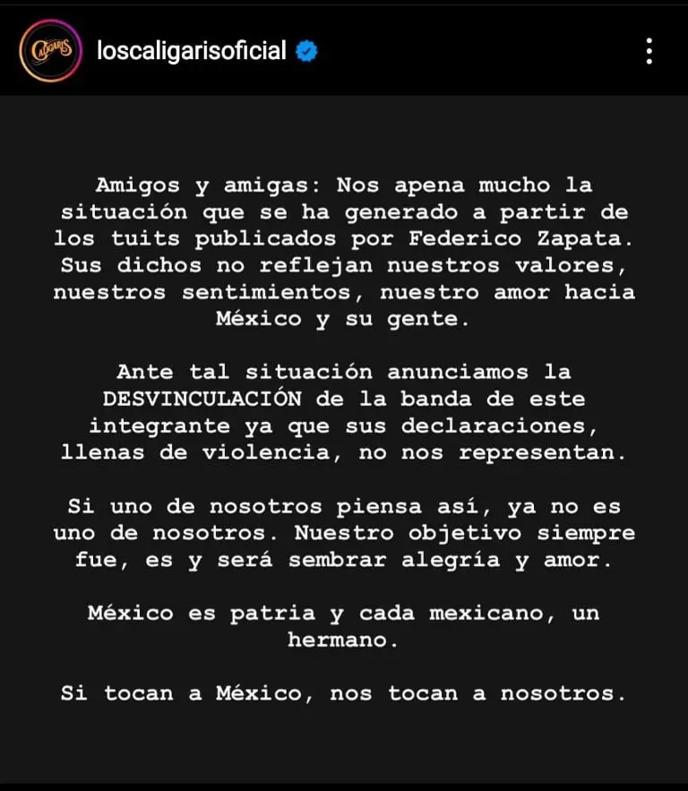 Los Caligaris anunciaron la expulsión de Federico Zapata. Imagen: @LosCaligarisOficial
