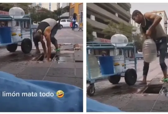 Captan a vendedor de aguas frescas rellenando sus recipientes en la coladera