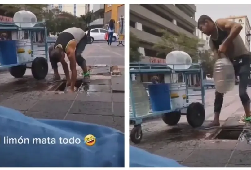 Captan a vendedor de aguas frescas rellenando sus recipientes en la coladera