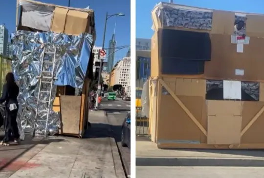 Hombre en situación de calle construye casa de cartón de dos pisos | VIDEO