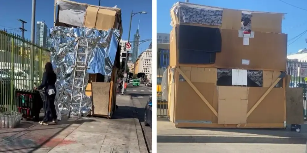 Hombre en situaci&oacute;n de calle construye casa de cart&oacute;n de dos pisos | VIDEO