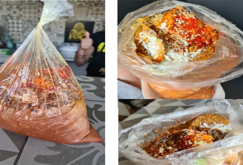 El platillo lleva elote entero partido en pedazos, elote desgranado, tostitos o papas, aderezos y toppings El platillo lleva elote entero partido en pedazos, elote desgranado, tostitos o papas, aderezos y toppings