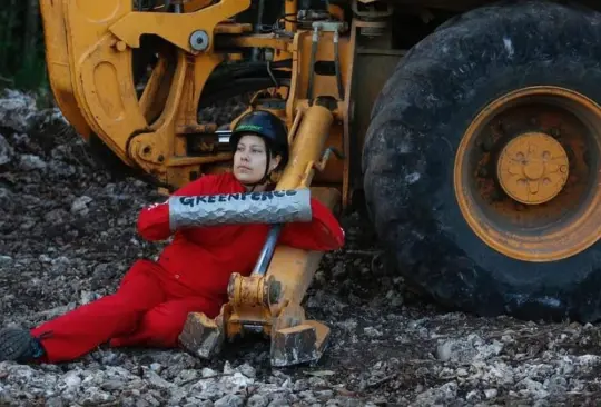 Una activista de Greenpeace se sujeta a uno de las máquinas que trabaja en la obra del Tren Maya. Una activista de Greenpeace se sujeta a uno de las máquinas que trabaja en la obra del Tren Maya.