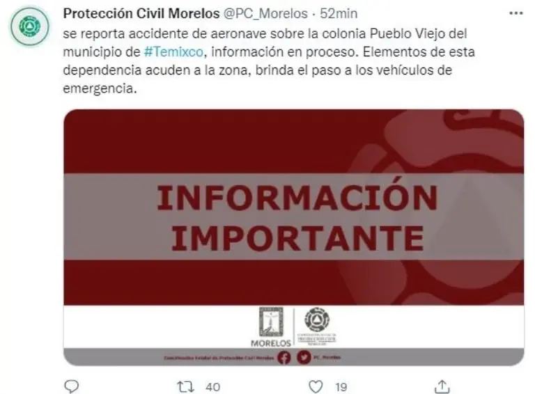 Reportan caída de avioneta en Temixco, Morelos.