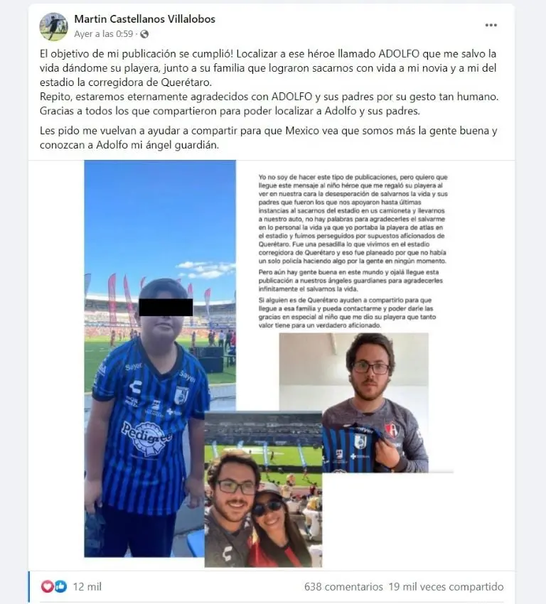 Niño regala playera a aficionado (Facebook)