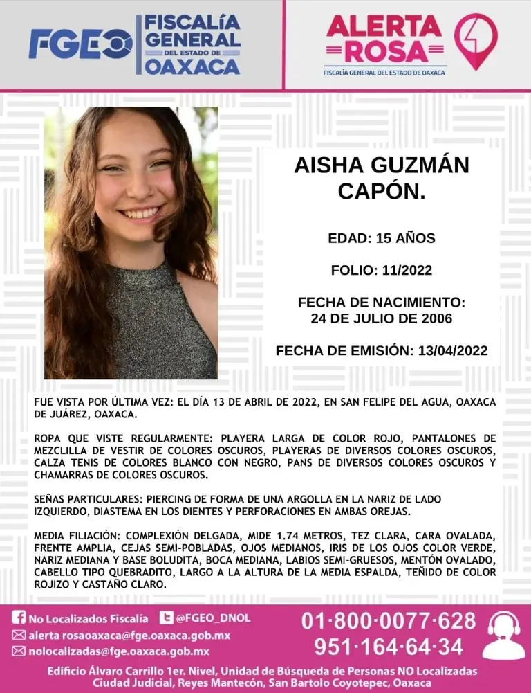 Aisha Guzmán Capón tiene 15 años y es hija de una pintora de origen italiano. FOTO: FGE Oaxaca