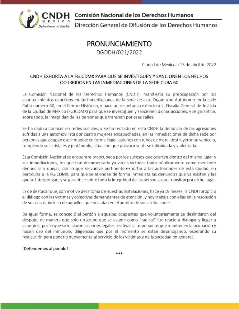 La CNDH exigió el esclarecimiento de la presunta agresión de encapuchadas contra una mujer. FOTO: Twitter