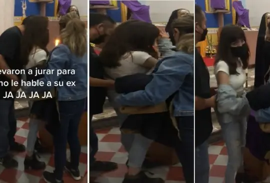La joven se persigna ante un altar escoltada por sus dos padres. La joven se persigna ante un altar escoltada por sus dos padres.