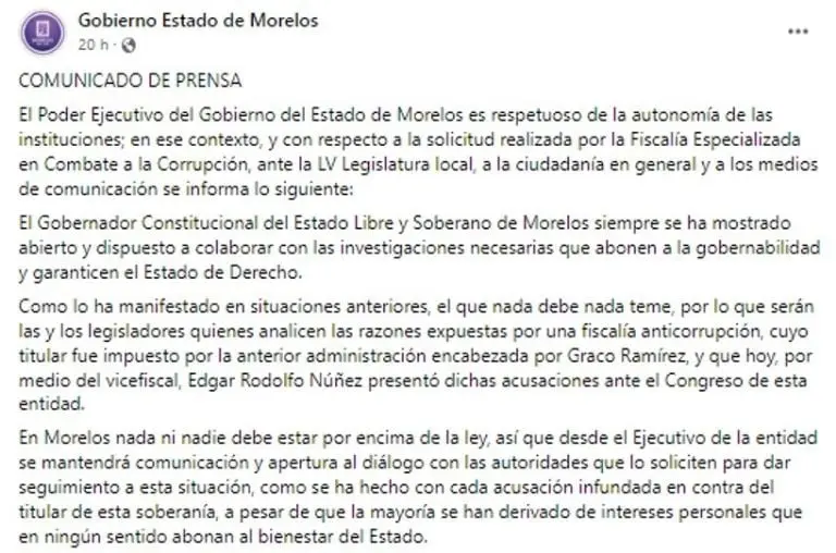 El gobierno que encabeza Cuauhtémoc Blanco destacó que estarán dispuestos a colaborar con las investigaciones. FOTO: Facebook