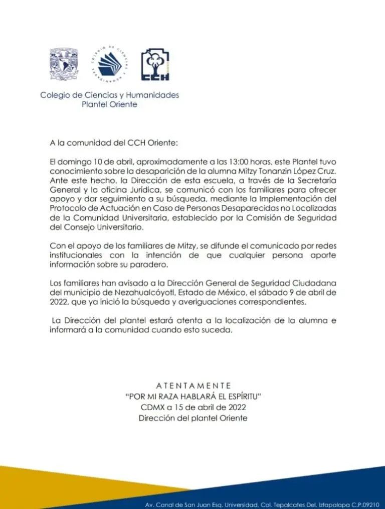 La institución da seguimiento a la desaparición de Mitzy Tonanzin López Cruz. FOTO: CCH Oriente