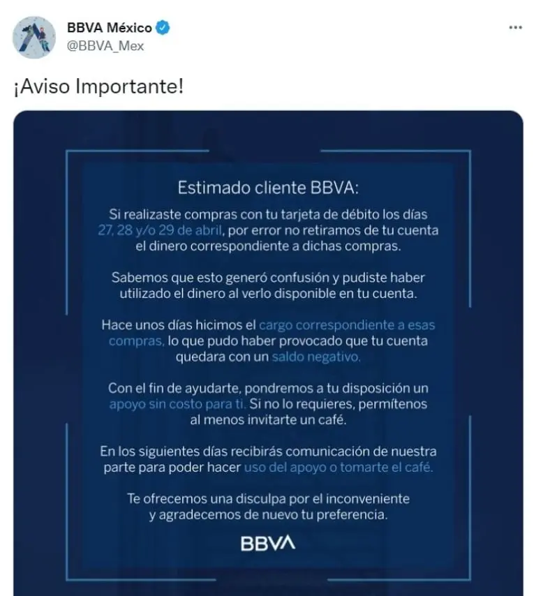 Comunicado de BBVA (Twitter)
