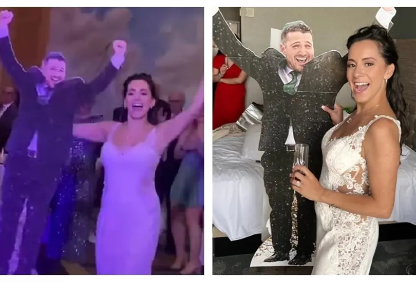 Novia baila con una figura de cartón en su boda Novia baila con una figura de cartón en su boda