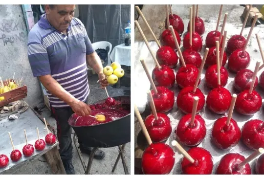 Vendedor preparando manzanas de caramelo