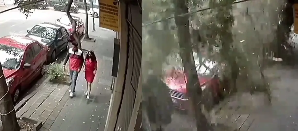 Fuertes vientos en la CDMX arrasan con &aacute;rboles y anuncios. Pareja por poco no la cuenta | VIDEO