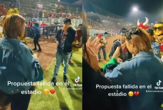 El aficionado consiguió que lo dejaran bajar al estadio para pedirle matrimonio a su pareja, sin embargo, ella lo rechazó y salió huyendo del lugar