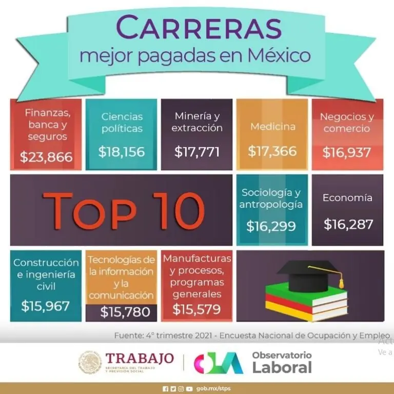El gráfico oficial de las carreras mejor pagadas que sacó INEGI. Foto: Twitter.