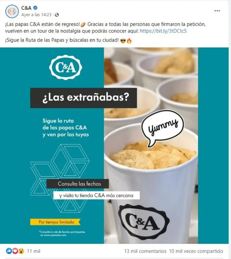 C&A volverá a vender sus papas (Facebook)