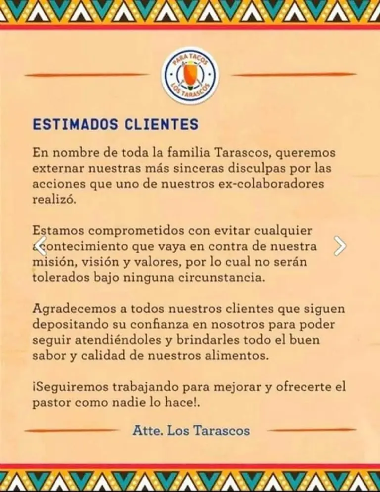 El restaurante lanzó un comunicado oficial ofreciendo disculpas y anunciando el despido del mesero. Foto: Facebook.