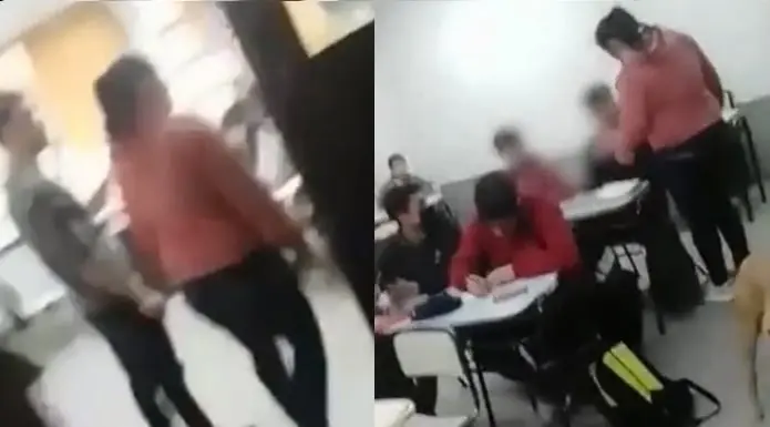 "Todo por un s&aacute;ndwich": Madre irrumpe en sal&oacute;n y cachetea a alumno que amenaz&oacute; a su hijo | VIDEO