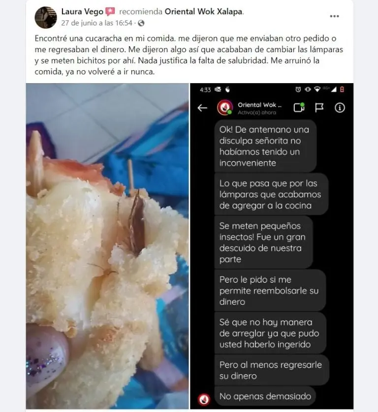 Mujer encuentra cucaracha en su comida (Facebook)