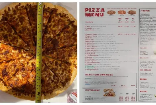 Clientes miden su pizza con una cinta métrica