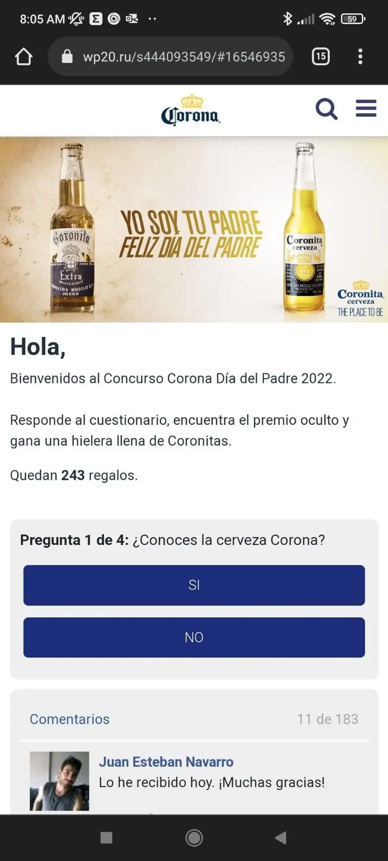Estafa concurso Corona por WhatsApp