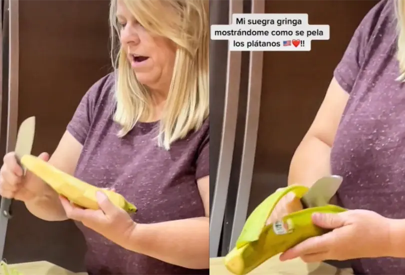 En TikTok, una usuaria hizo viral a su suegra quien provoc&oacute; controversia al cortar un pl&aacute;tano macho con un cuchillo como si se trata de un pepino