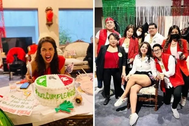 Fiesta tem&aacute;tica del PRI: todos de rojo y con afiches de pri&iacute;stas famosos.