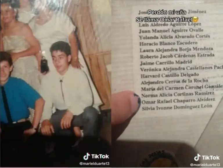 Omar Chaparro en la secundaria, a lado, la lista de alumnos graduados, entre los cuáles se encuentra Chaparro. Foto: TikTok.