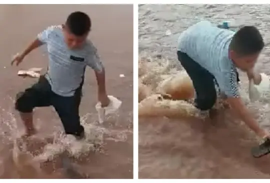 Niño tira las tortillas para salvar sus chanclas Niño tira las tortillas para salvar sus chanclas